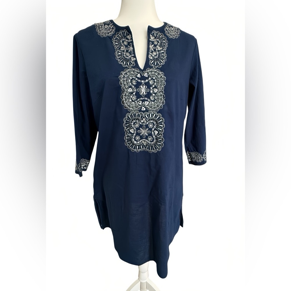 Chico’s Embroidered Navy Tunic Top 0 (Small, US 4–6) Cotton Beaded Sequin Boho